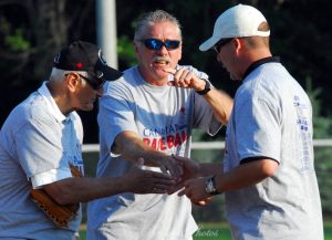 Gene Dziadura (left) enjoying the Celebrity Slo-Pitch Game  with Steve Rogers (centre) and Paul Quantrill, held June 18, 2010 in St. Marys, ON