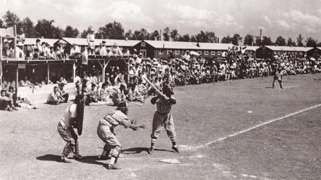 Baseball game in 1943 in an internment camp